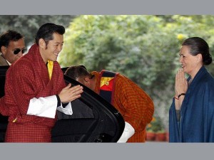 Congress President Sonia Gandhi with King of Bhutan Jigme Khesar Namgyel Wangchuck before their meeting at her residence in New Delhi on Tuesday