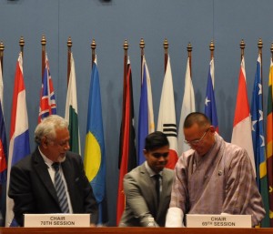 PM Tshering Tobgay and Kay Rala Xanana Gusmao, Prime Minister of Timor-Leste gets ready to change seats. Photo: PM's Facebook