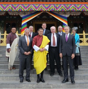 King Jigme Khesar Namgyel Wangchuck with the National Geographic delegation, November 17, 2014. From left: Tshewang Wangchuk, Gary Knell, David Braun, His Majesty the King, John Francis, Peter Raven, Kamal Bawa, Terry Garcia, Carol Harden. Photo Courtesy of the Royal Media, Kingdom of Bhutan