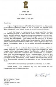 Dr Man Mohan's Singh's letter to Tobgay